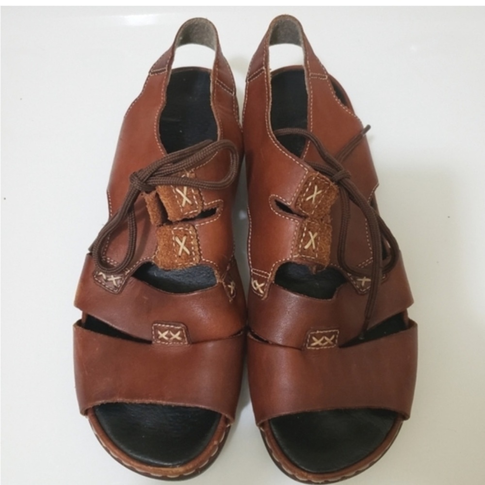 Rieker Brown Leather Lace Flat  Sandal Sz.8
